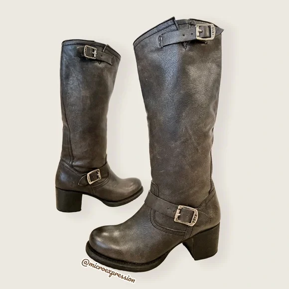 Frye Vera Slouch Grey Black Leather Block Heel Moto Knee High Tall Buckle Boot - Picture 13 of 13